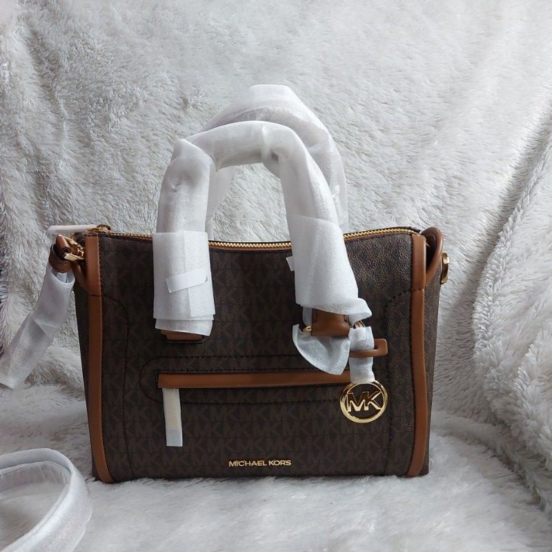 TAS WANITA MK KORS CARINE MEDIUM SATCHEL BAG IN SIGNATURE BROWN