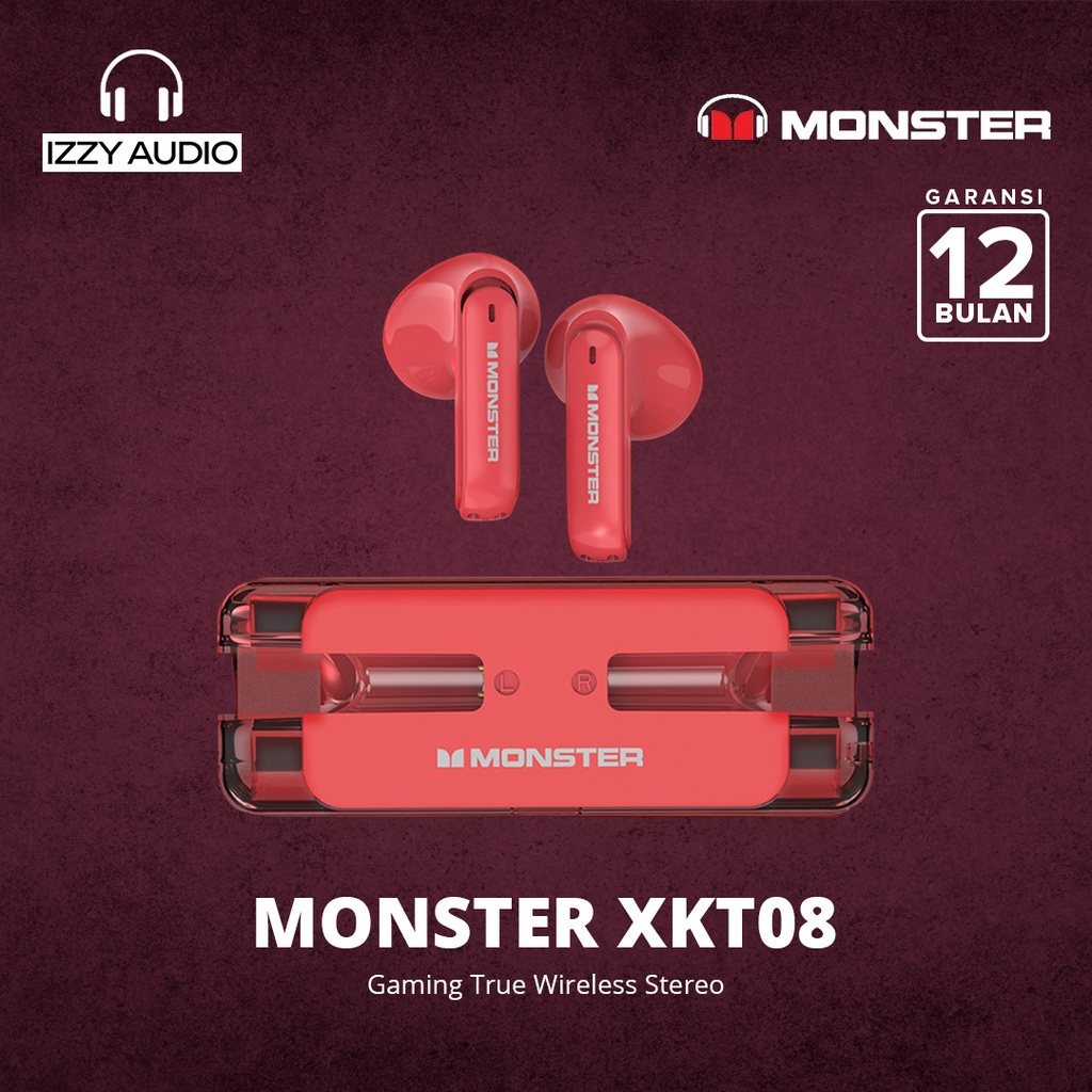 Monster XKT08 Wireless Bluetooth Earphone TWS Headset Earbuds - Merah