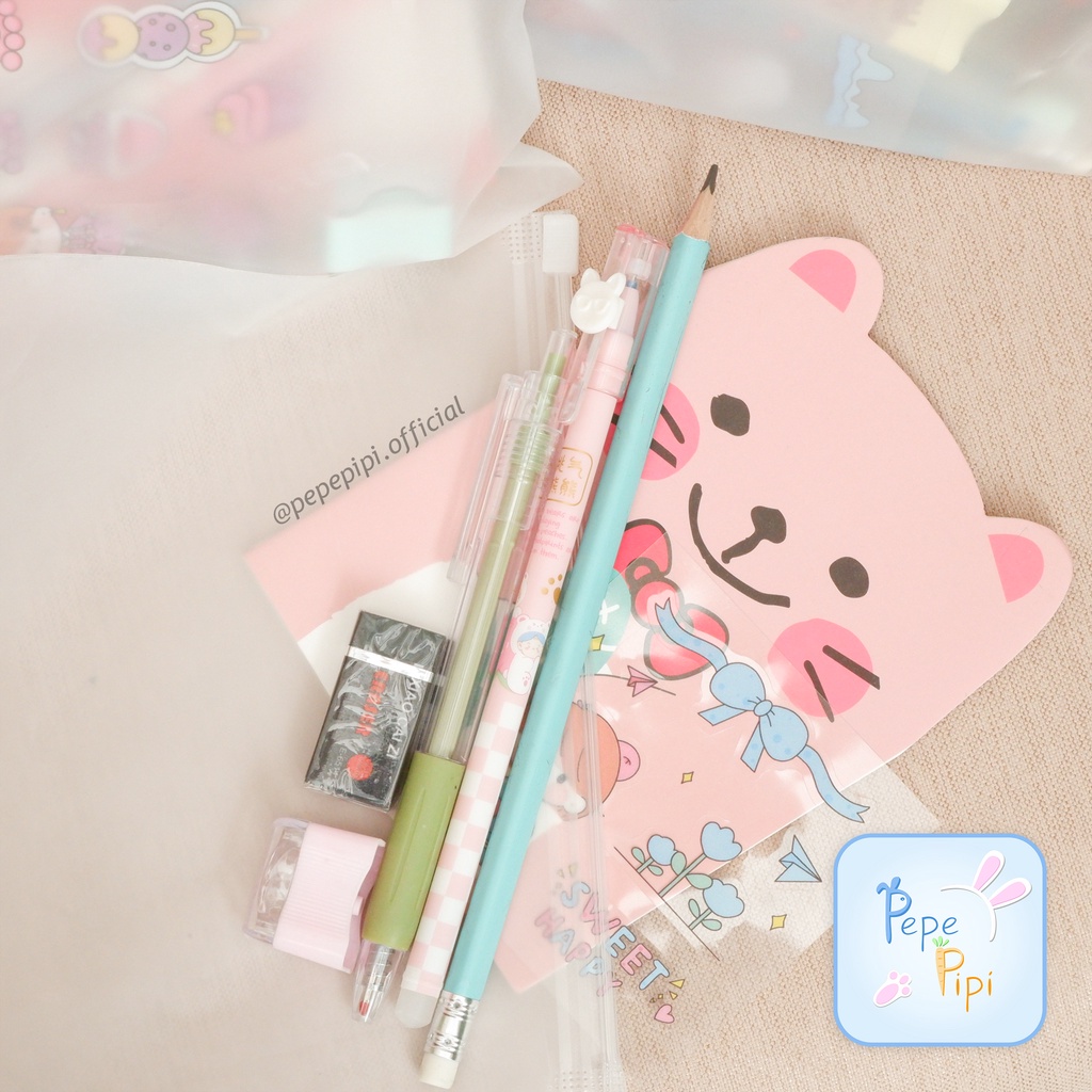 

Set Alat Tulis 10K Pouch Hadiah Kado Bingkisan Pulpen Pensil Stiker Penghapus Rautan Notebook