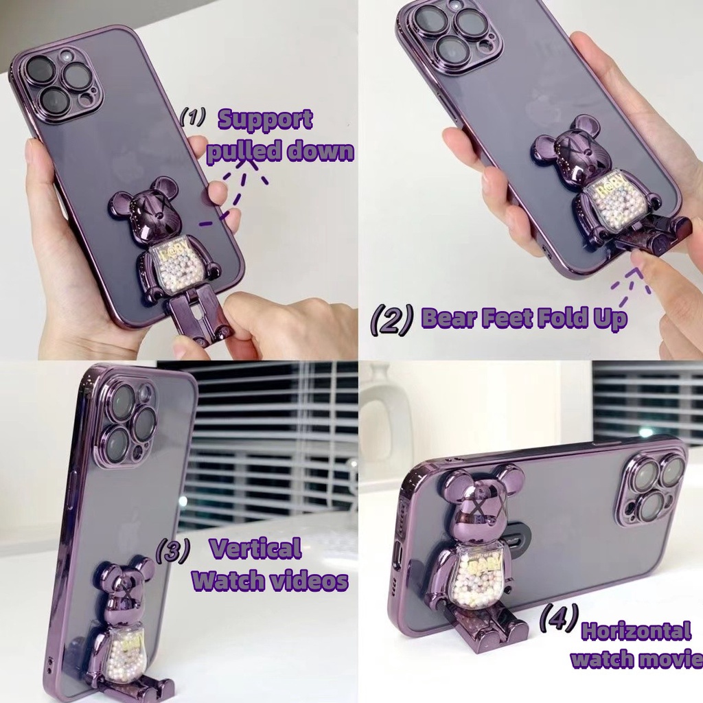 Luxury fun cartoon bear stand case iphone 14 pro max case iphone 13 12 11 pro max xs max XR 7plus/8plus premium aesthetic flashing fully enclosed shockproof TPU shockproof protection soft case