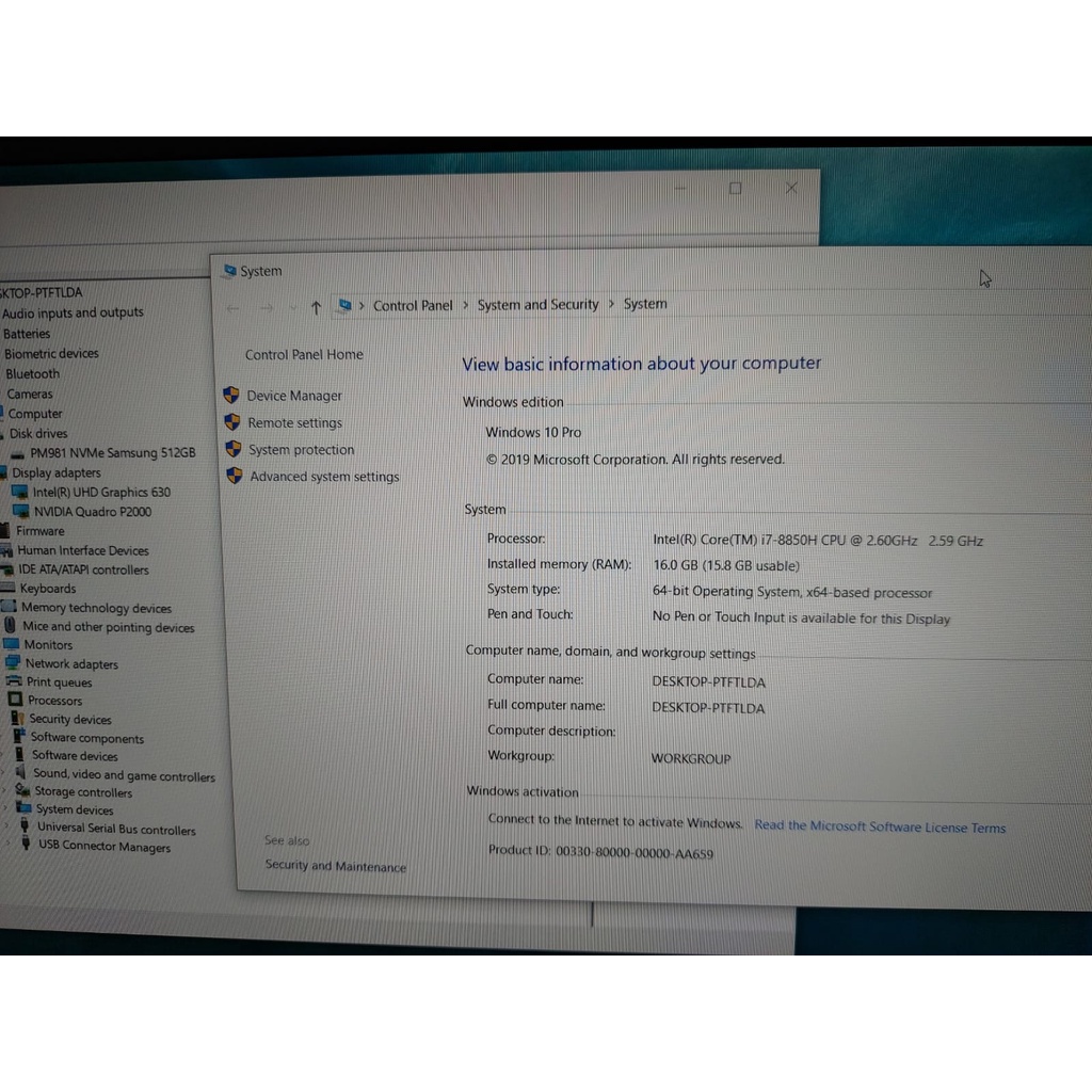 Dell precision 5530 Core i7 RAM16GB SSD512GB NVIDIA Quadro P1000