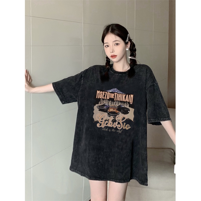 Vintage T-shirt Oversize Hitam Washed Lengan Pendek Car Printing Print T-shirt Hiphop Kaos Hitam