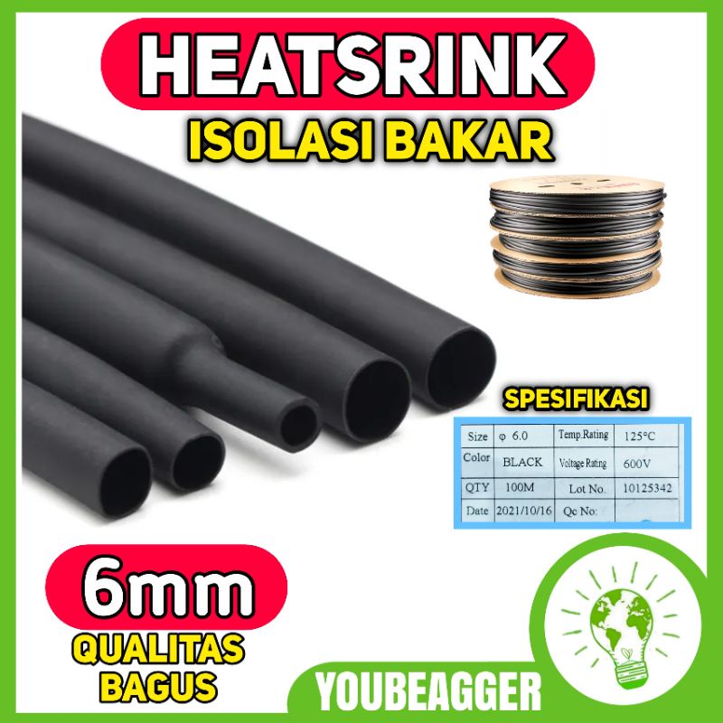 Heatsrink 6mm selongsong anti panas untuk isolasi bakar per 50cm