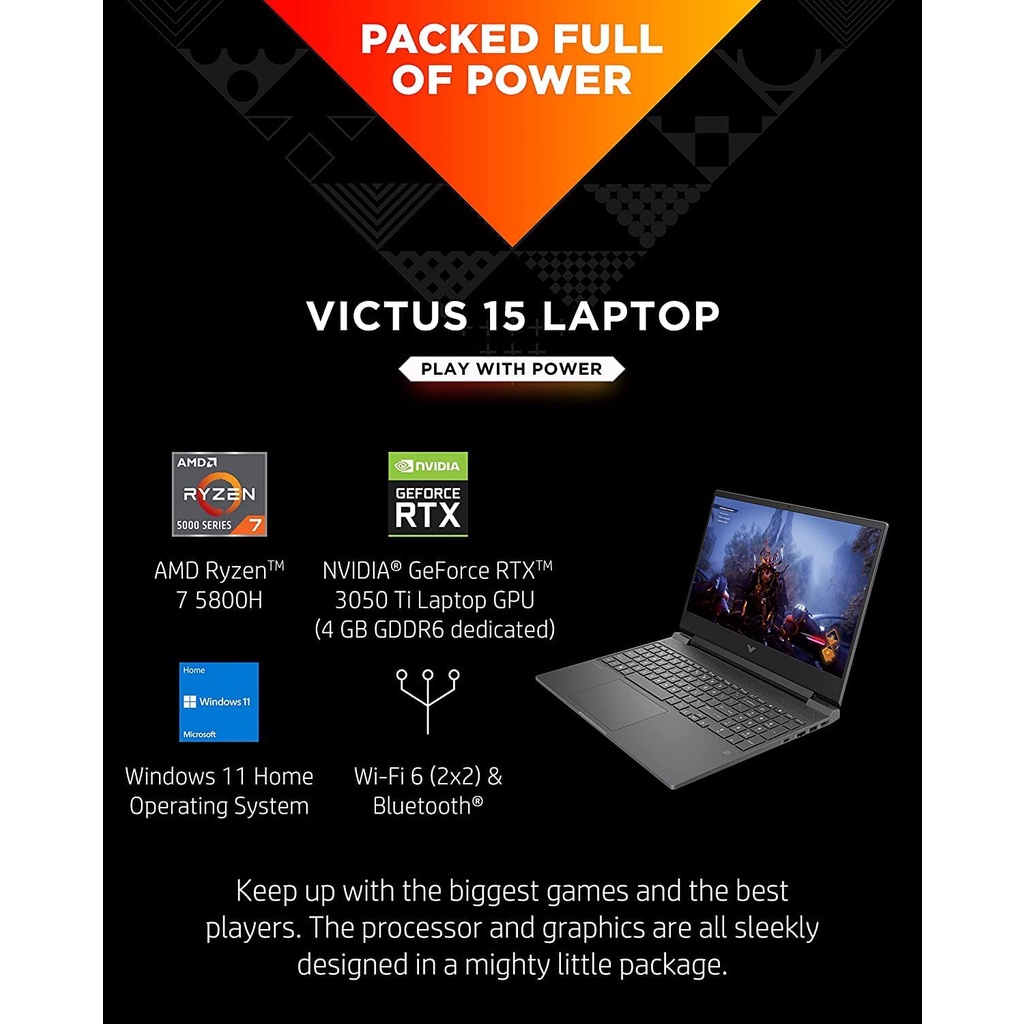 Laptop Gaming HP VICTUS 15 AMD RYZEN 7 5800H Ram 16GB 1TB SSD RTX3050TI-4GB FHD IPS 144HZ BL Windows11 BLACK