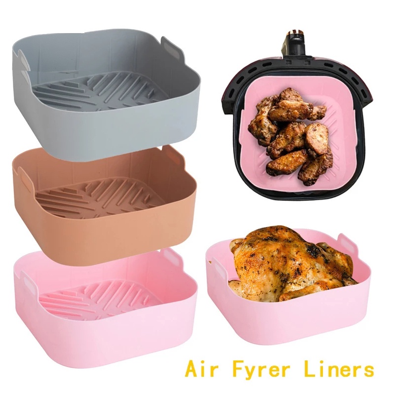 Panci Panggang Tahan Panas Reusable Anti Lengket Dengan Pegangan Mudah Bersih BBQ Pad Premium Silicone Square Air Fryer Pot Tray Fried Chicken Basket Mat Tahan Air Untuk Air Fryer