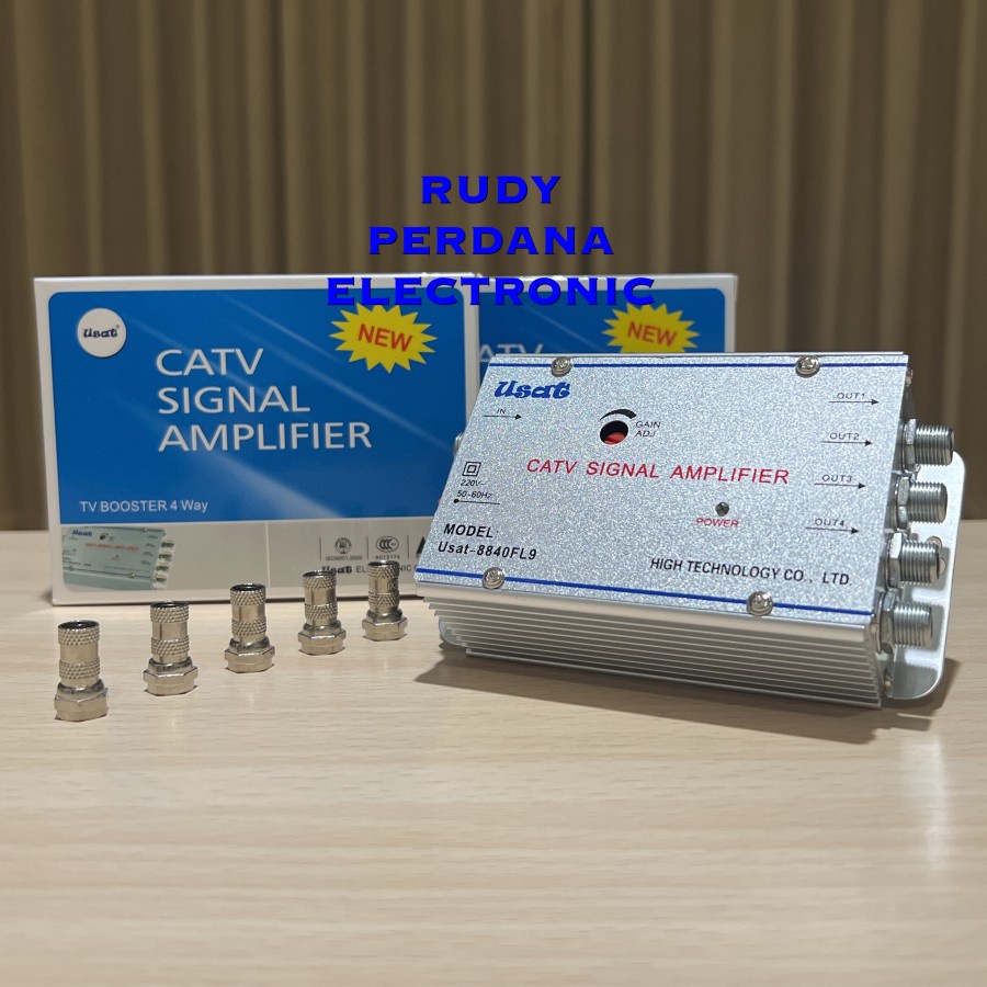 CATV BOOSTER BOSTER ANTENA TV TELEVISI PEMBAGI SPLITTER SPLITER PENGUAT SIGNAL AMPLIFIER  4W 4 WAY 40 DB USAT-8840FL9