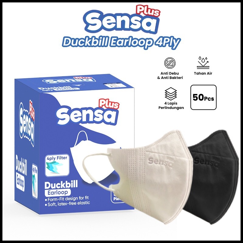 MASKER DUCKBILL SENSA PLUS 4PLY 1BOX 50 PCS HITAM PUTIH MURAH