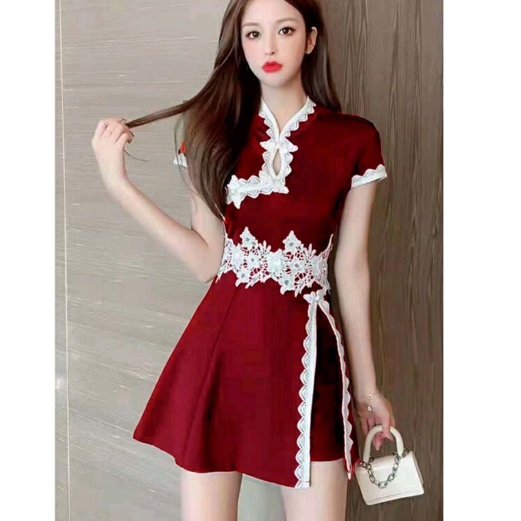 0320 CNY Setelan baju mini dress set celana pendek hotpant merah Korean style Imlek China wanita imp