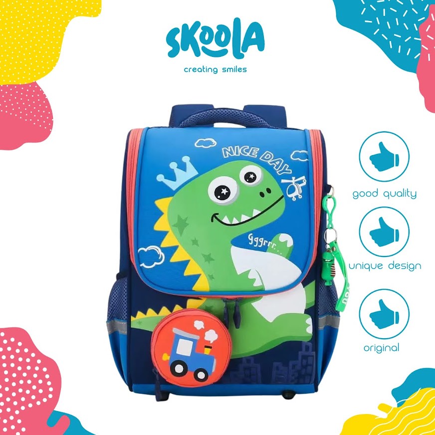 Skoola Tas Sekolah Anak Laki-Laki SD Ransel Dinosaurus Free Keychain &amp; Pouch - Kido