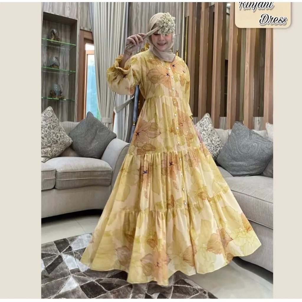 Rinjani Dress Wanita Terbaru 2023 Kekinian Elegant Gamis Bunga Ceruty Babydoll Bunga Viral/TERBARU R