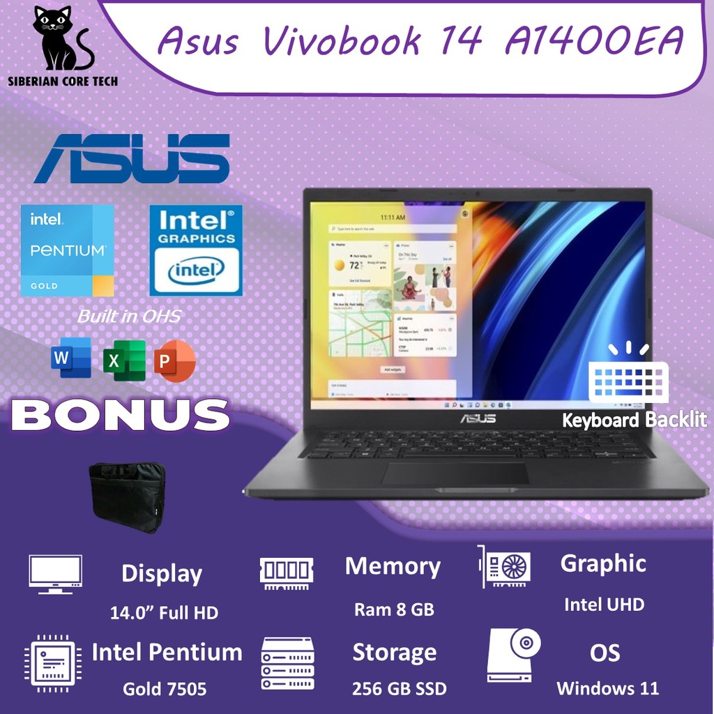 ASUS VIVOBOOK 14 A1400EA FHD7524 PENTIUM GOLD 7505 12GB 256SSD W11+OHS 14.0FHD FP BLIT BLK