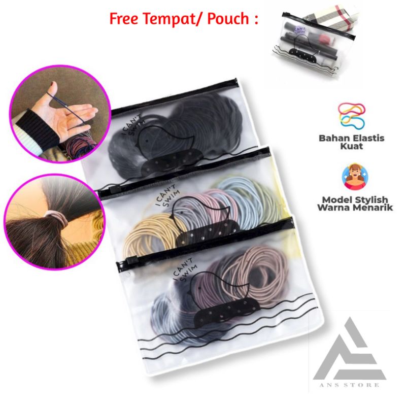 [ Free Pouch ] Ikat Rambut isi 100 Karet Polos Elastis Gaya Korea | Karet Gelang | Kuciran Rambut Wa