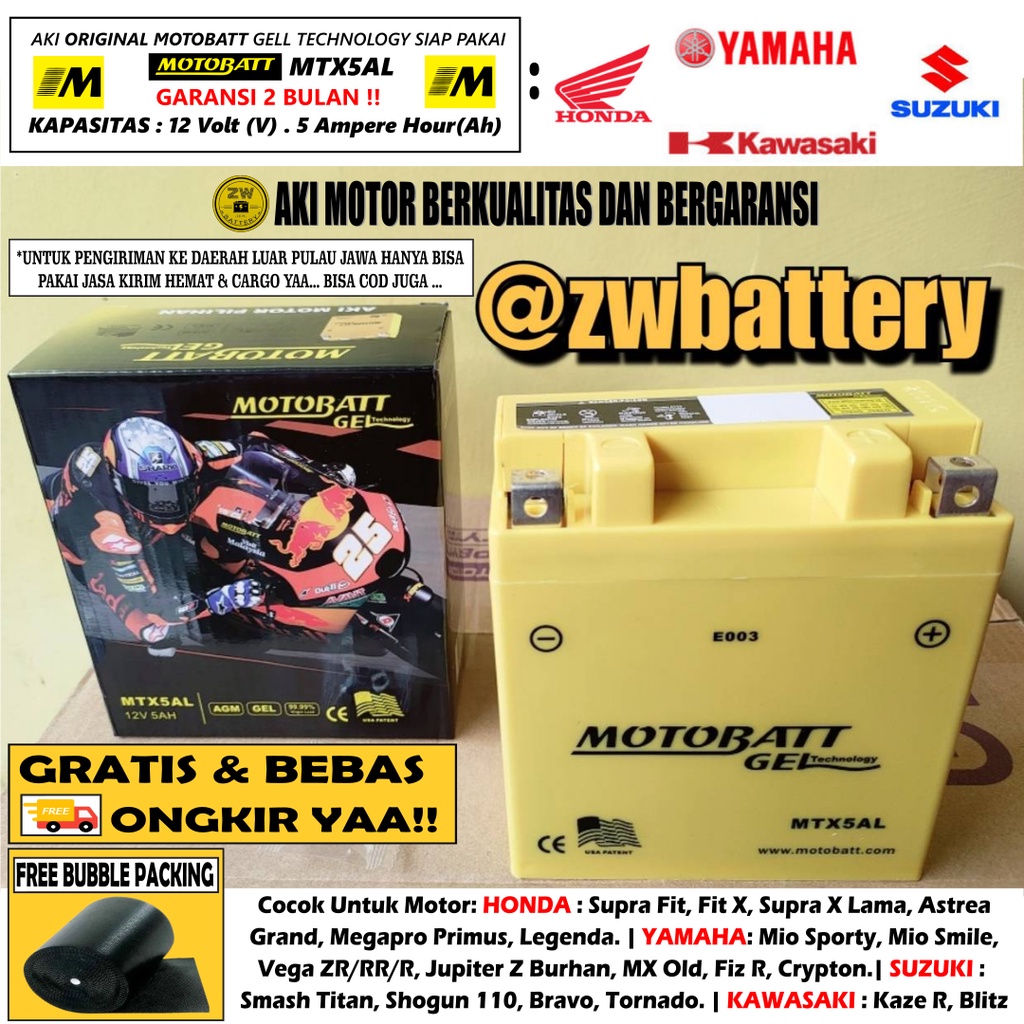 Aki Motor Supra X 100 Lama, Legenda, Crypton MTX5AL MOTOBATT GEL