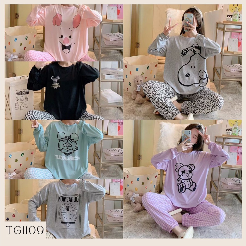 TOPGROSIR TG1109 Setelan Baju Tidur Piyama Lengan Panjang Wanita Ujung Kerut Import