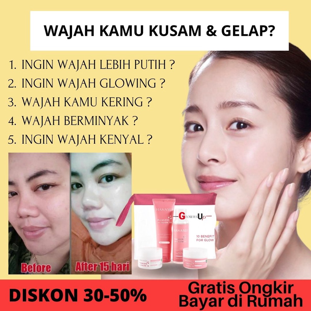 PAKET SKINCARE WAJAH GLOWING HANASUI FLAWLESS GLOW 10 PAKET LENGKAP 4IN1 PENCERAH WAJAH PERAWATAN WAJAH