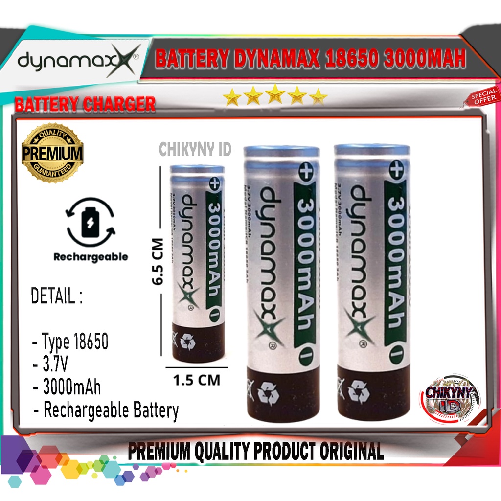 BATTERY DYNAMAX 18650 3000MAH 3.7V LI-ION RECHARGEABLE