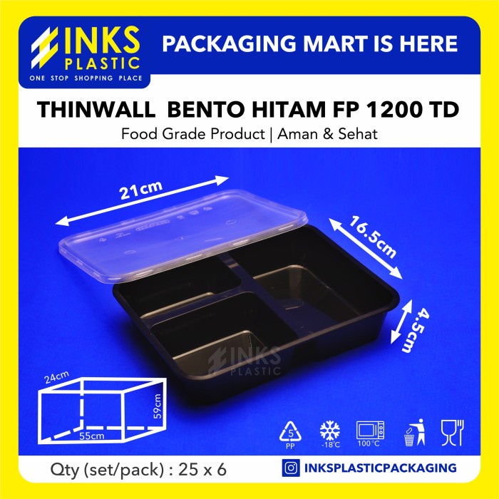 THINWALL BENTO SEKAT 3 HITAM (150 PCS)