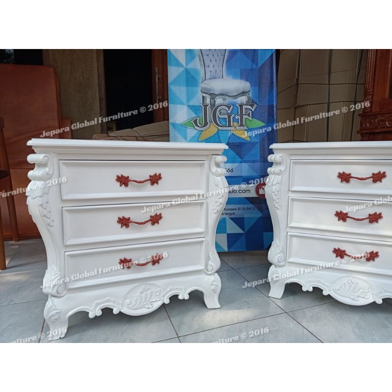 Nakas Bedside Ukir Bombae Duco laci 3 ( nakas duco,nakas ukir murah,bedside minimalis,nakas laci)