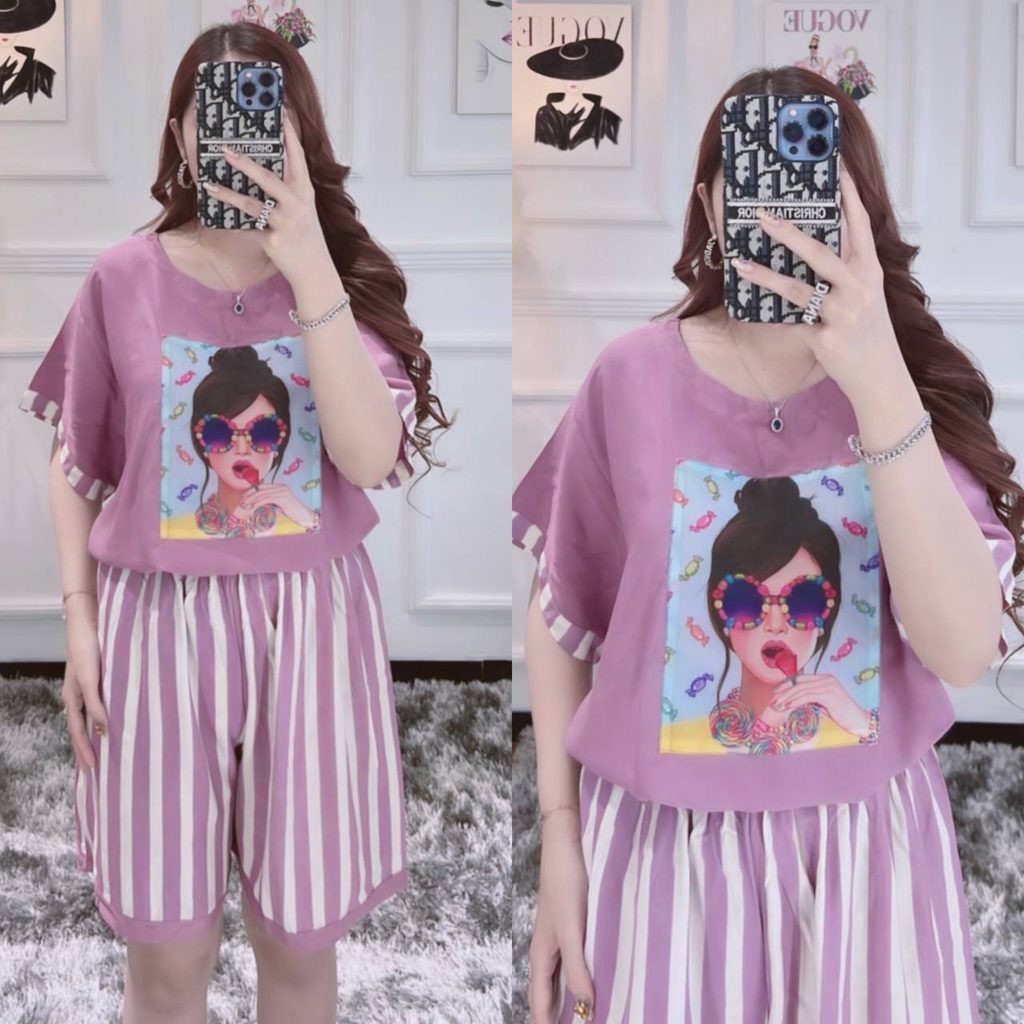 Baju Daster Setelan Stelan Set One Set Celana Pendek Lengan Pendek Arab Blink Princes Renda  Busui M