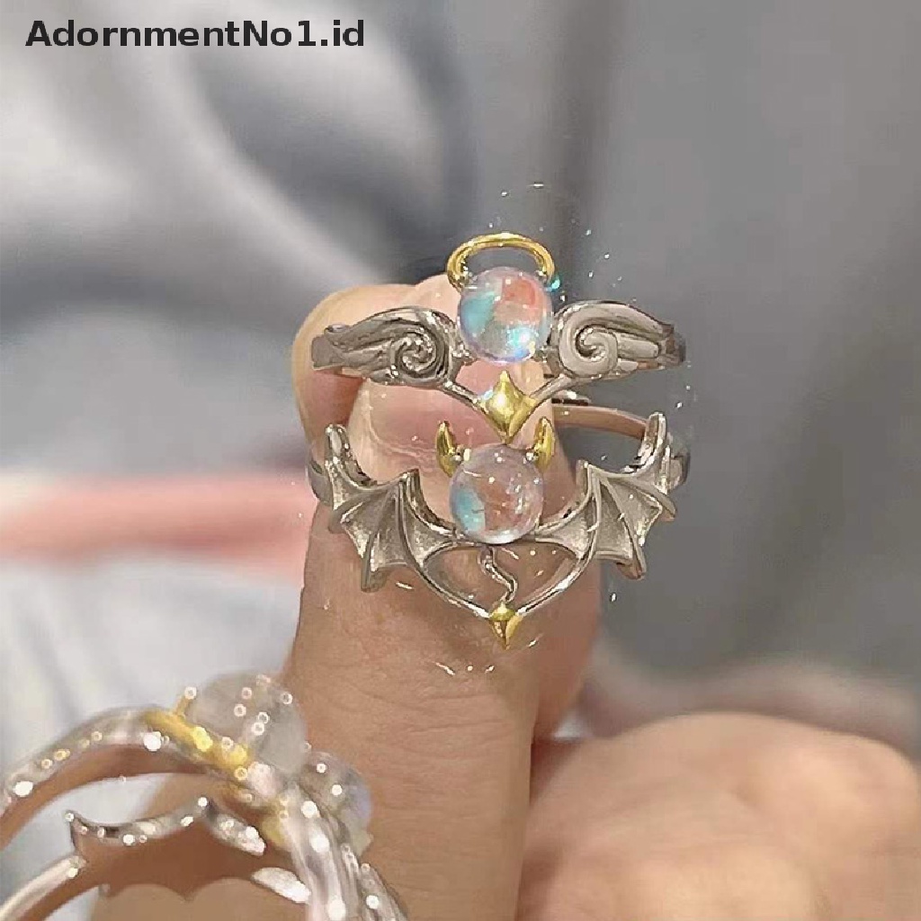 [AdornmentNo1] Cincin Angel Devil Moonstone Warna Silver Untuk Wanita Pria Opening Adjustable Ring [ID]