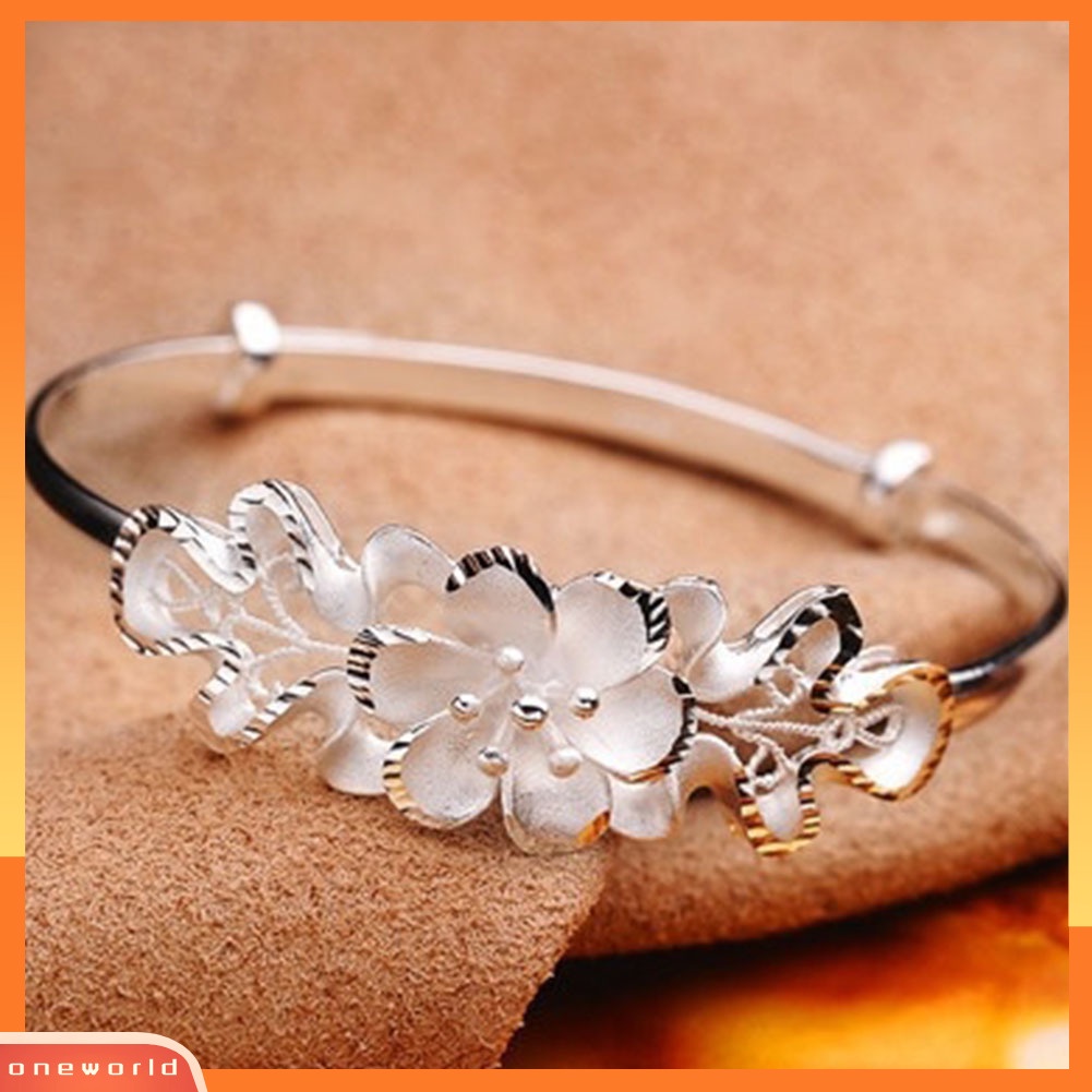 {oneworld} Fashion Bunga Adjustable Cuff Bangle Woman Perak Disepuh Gelang Tangan Perhiasan