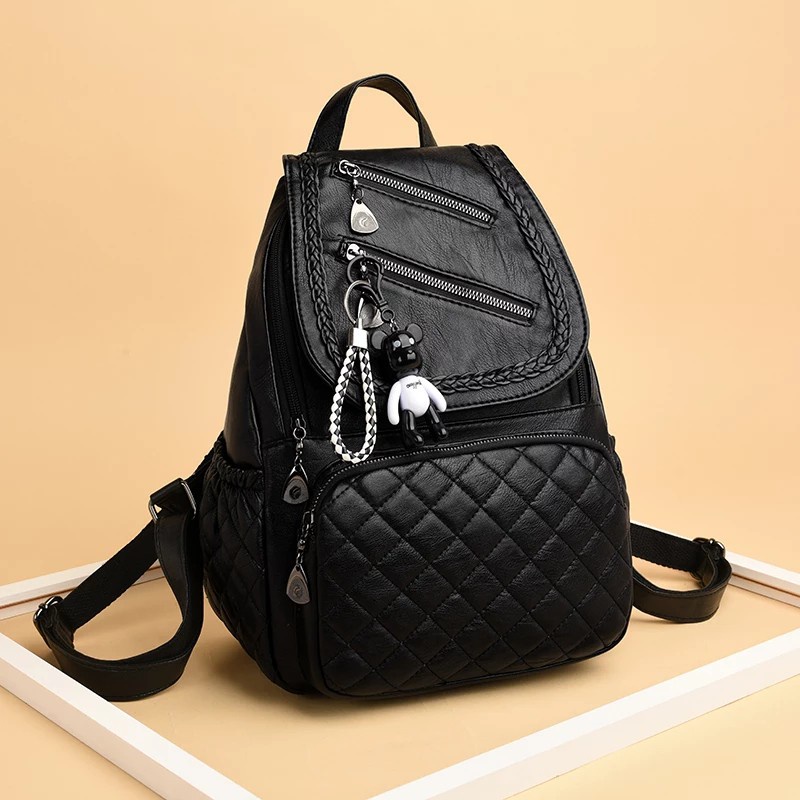 Tas Ransel Wanita - Backpack Kulit Kepang 3 in 1 Resleting Bahan Kulit Premium HITAM Korean Style Import BISA COD