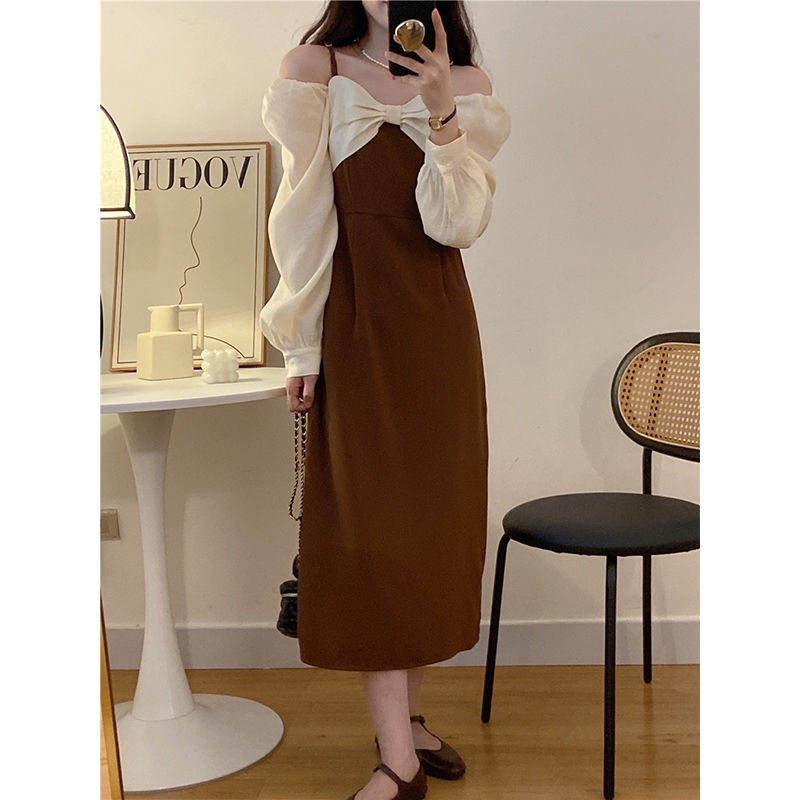 Red Angin lembut gaun dua potong ikatan simpul palsu wanita musim semi dan musim gugur gaya rok gemuk mm figur berbentuk buah pir gaun Prancis retro