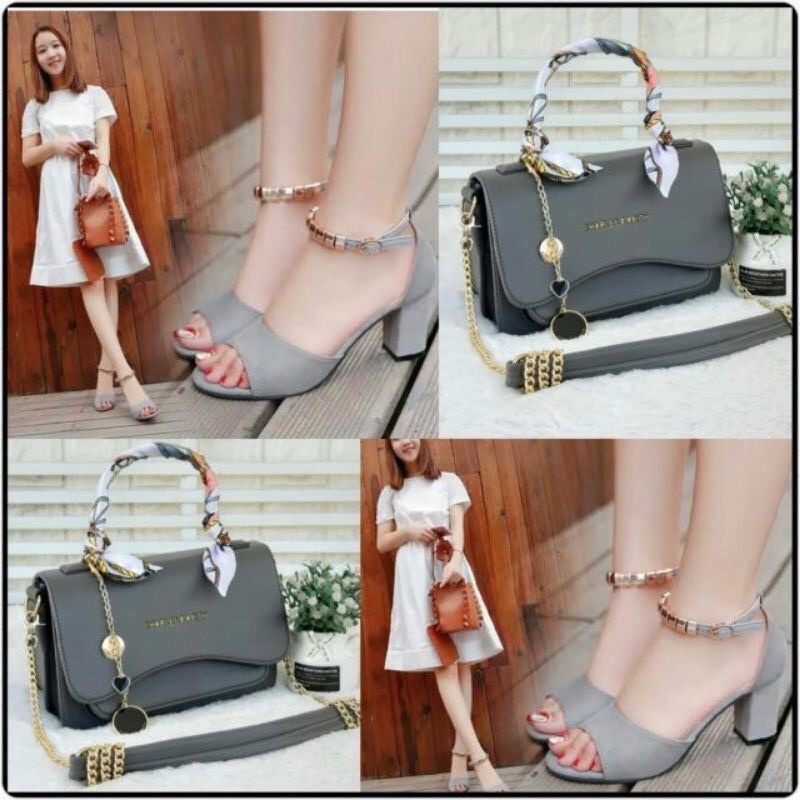 set tas 2in1 dan sandal heels wanita sandal hak tahu dan tas selempang