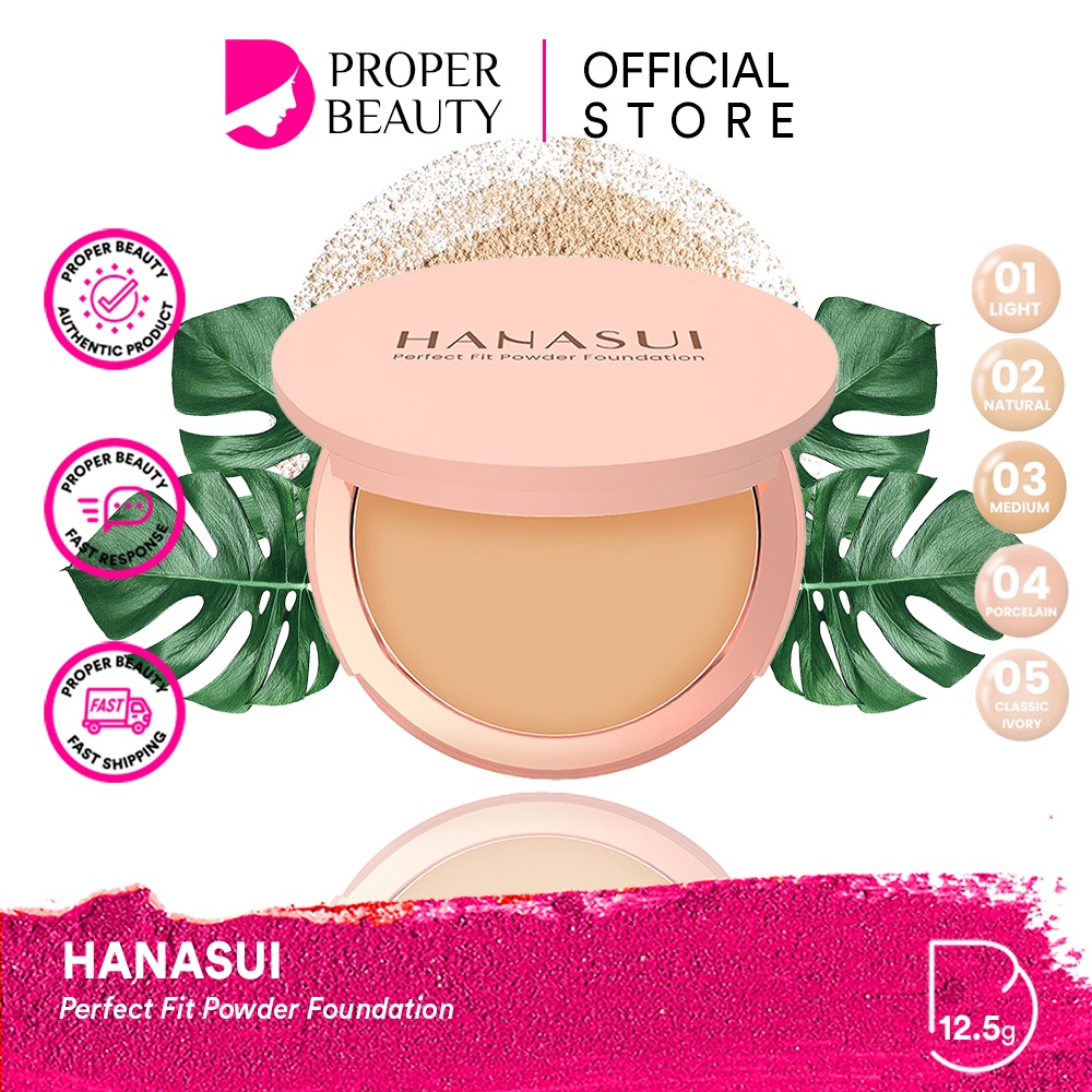 HANASUI Perfect Fit Powder Foundation Indonesia / 12.5g With UVA + UVB And Pollution Protection Control Shine &amp; Long Wearing Soft Matte Natural Finish Blur Imperfections / Bedak Padat Compact / Cosmetic Makeup Face Make Up Cushion Setting Loose Blush Lip