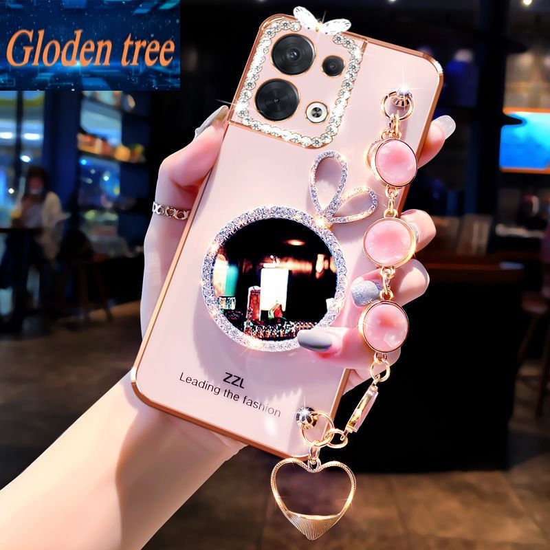 Gloden tree Phone Case Untuk OPPO Reno 4SE 5 5K 5Pro 5ProPlus 6 5G Kelinci vanity mirror Perhiasan Gelang, Bingkai Foto Dengan Berlian