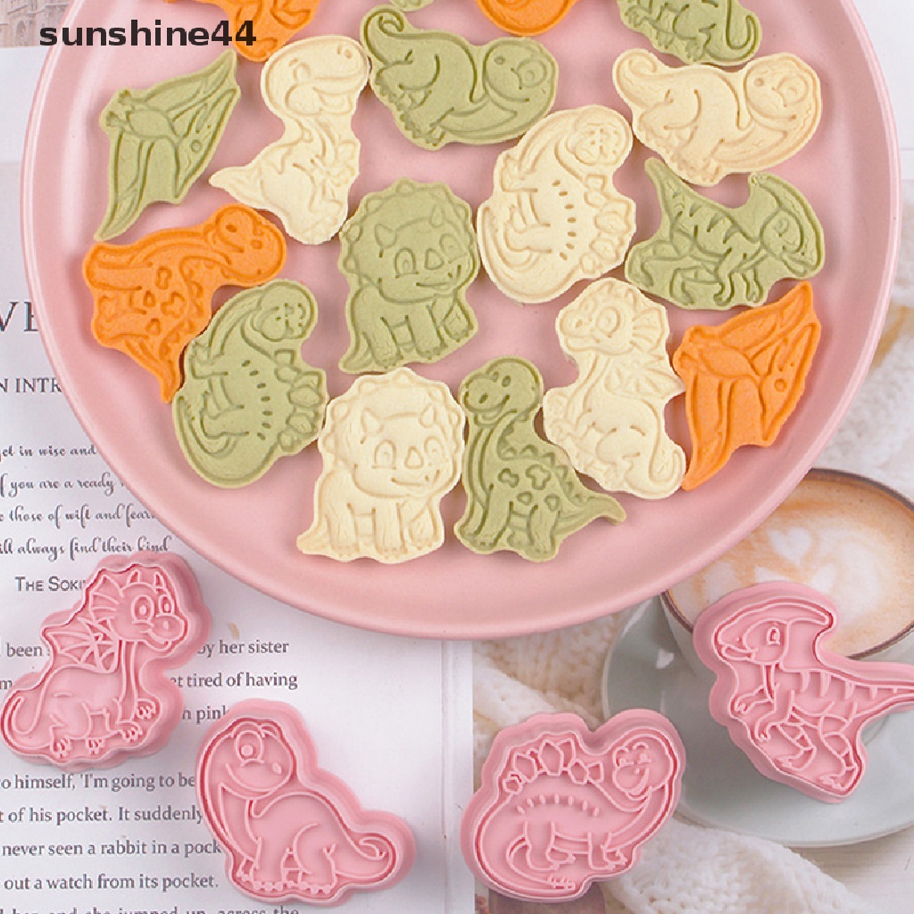 Sunshine 8Pcs/Set Kartun Dinosaurus Cookie Cutters Cetakan Biskuit 3D Plastik Pressable.