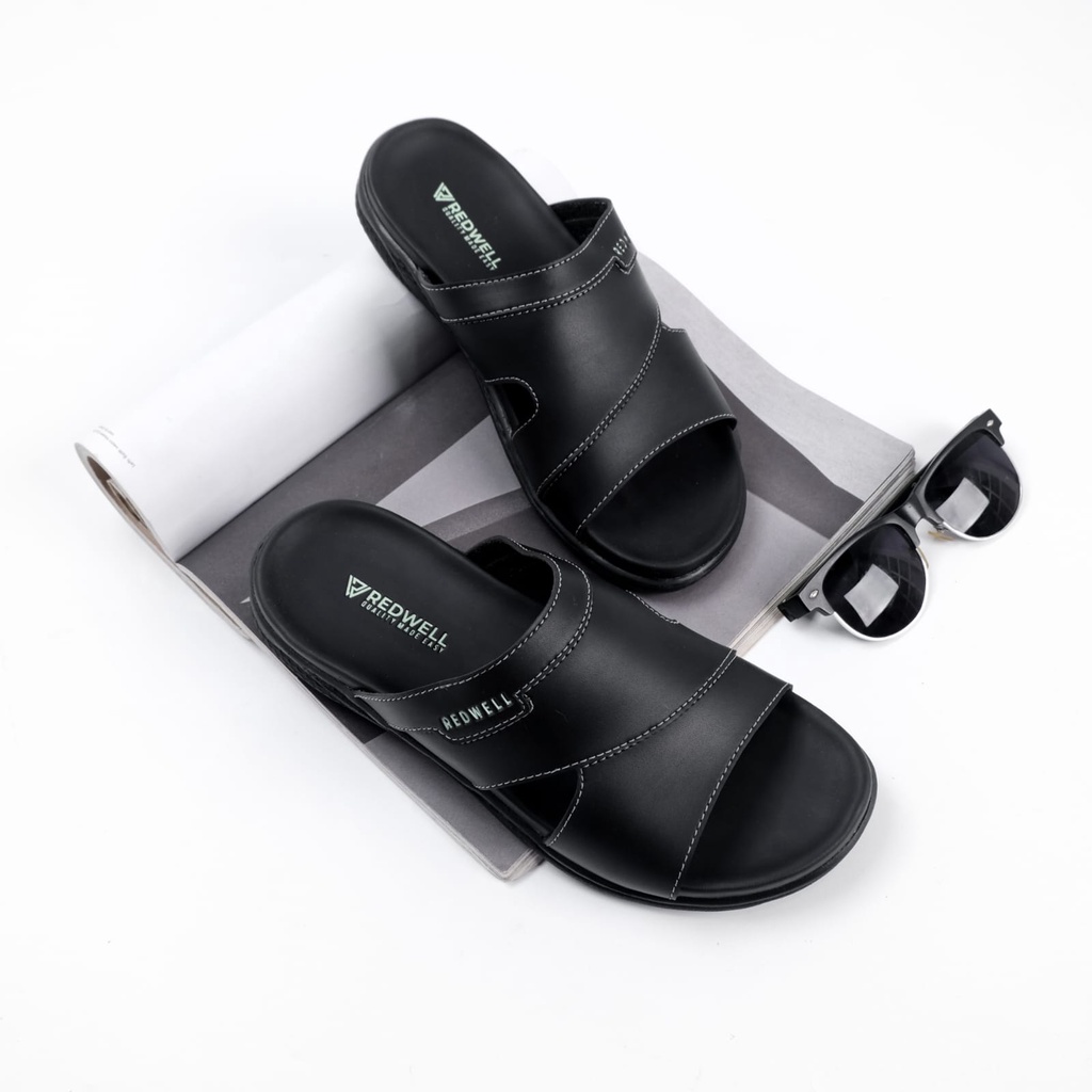 Sandal slop kulit/sendal slide pria  redwell original brand/sendal slop slip on basic kulit empuk