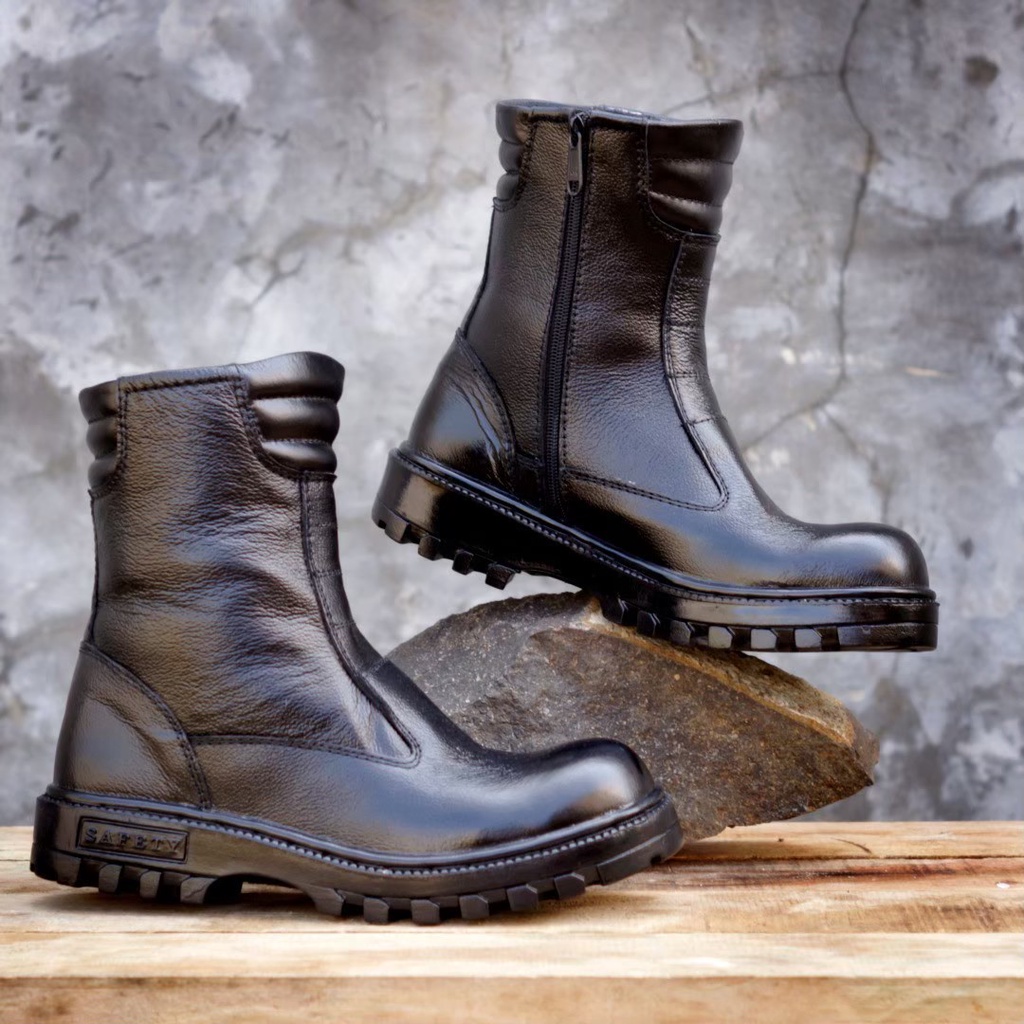 Sepatu safety boots pria kulit asli resleting pinggir tanpa tali / Sepatu Kerja Proyek Gunung Hiking