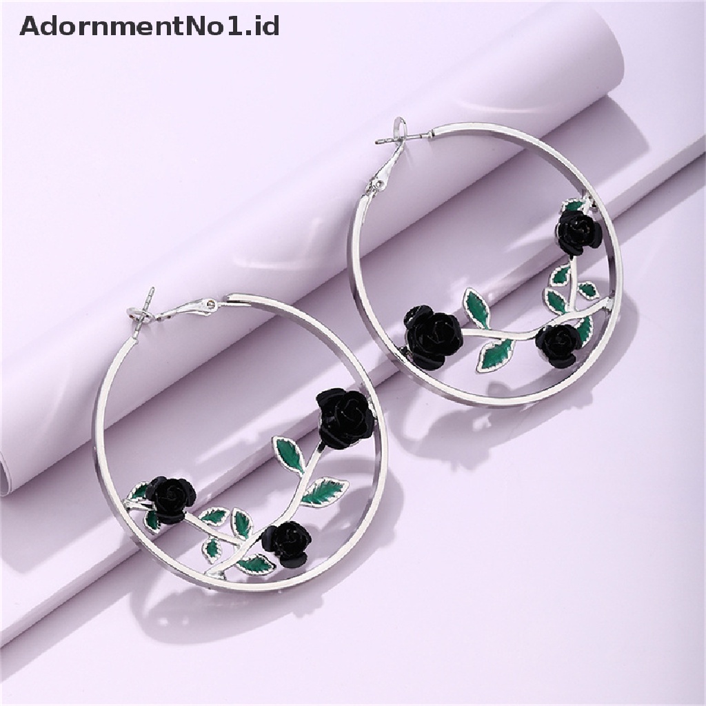 [AdornmentNo1] Wanita Bunga Hoop Anting Mawar Berongga Anting Berlebihan Bulat Perhiasan Fashion [ID]