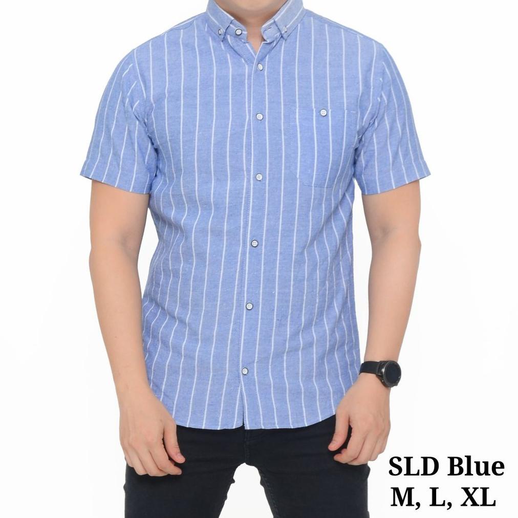 Terbaru Kemeja Pria Cowok Lengan Pendek Motif Garis Putih Warna Biru Denim Pink Slimfit Murah