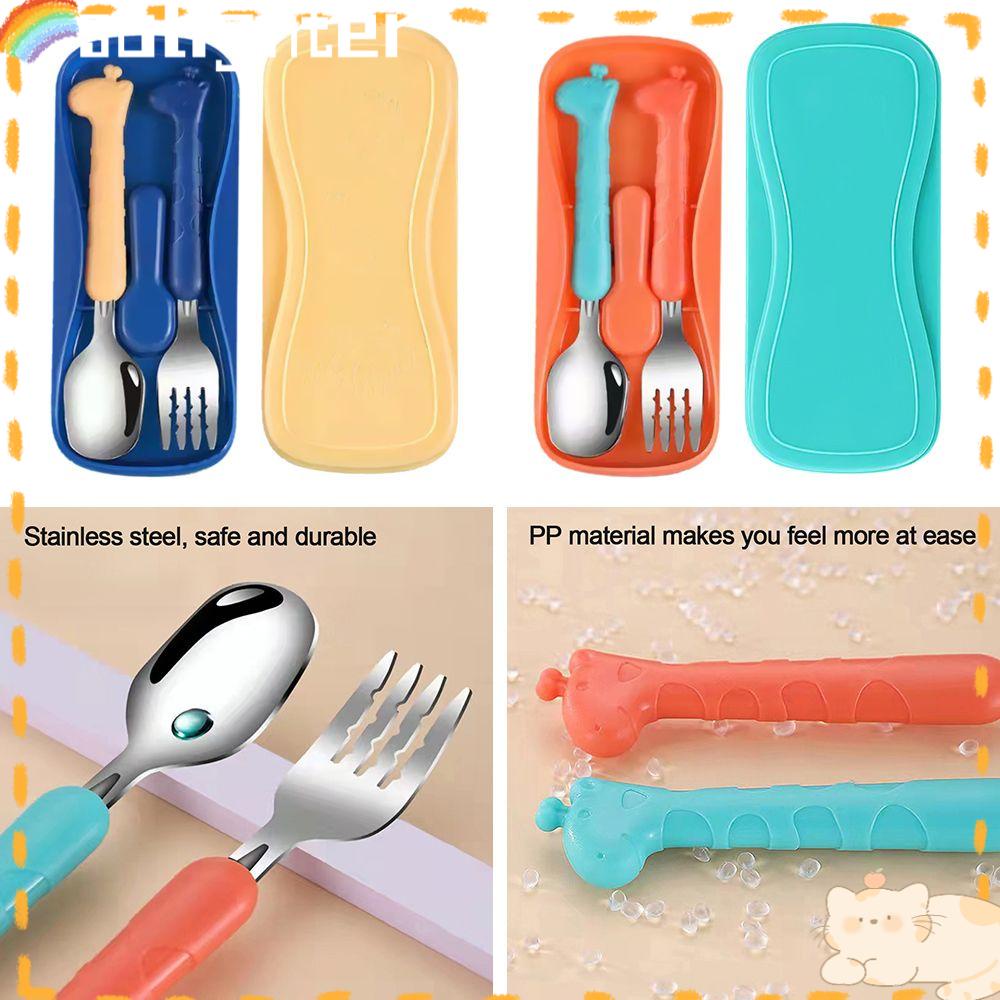 Solighter Set Peralatan Makan Bayi Dapat Digunakan Kembali Stainless Steel Anak Peralatan Makan Makanan Makan Sendok Garpu Balita Alat Makan