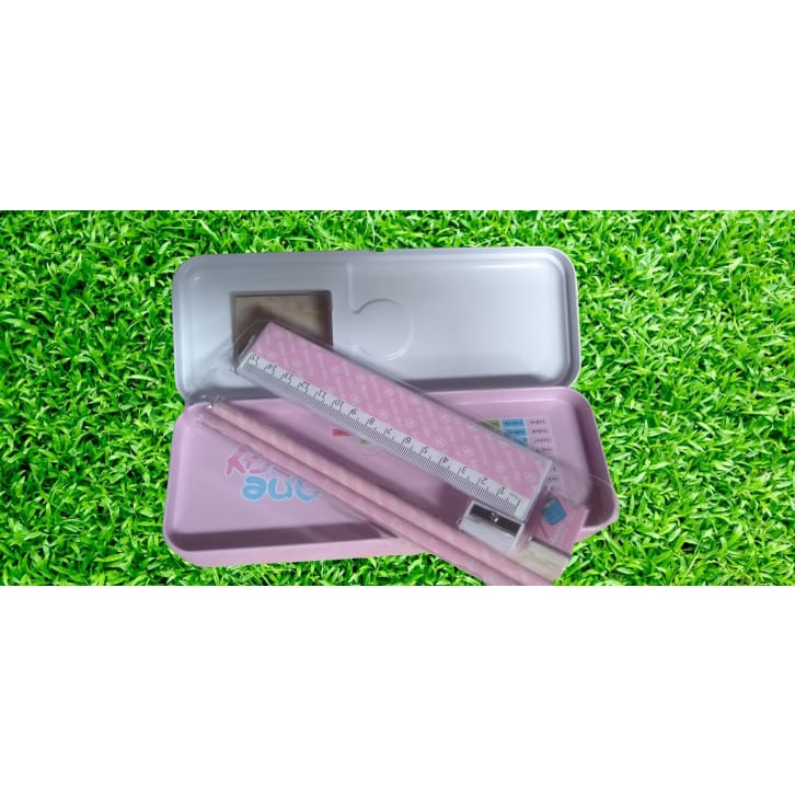 Tempat pensil/tepak pensil besi gratis penggaris penghapus pensil