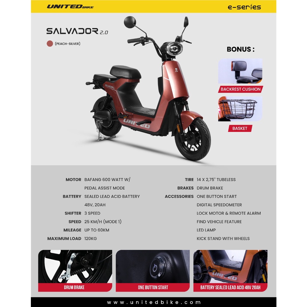 SEPEDA LISTRIK E BIKE E MOPED UNITED SALVADOR 2.0 dan SE GARANSI RESMI + BONUS