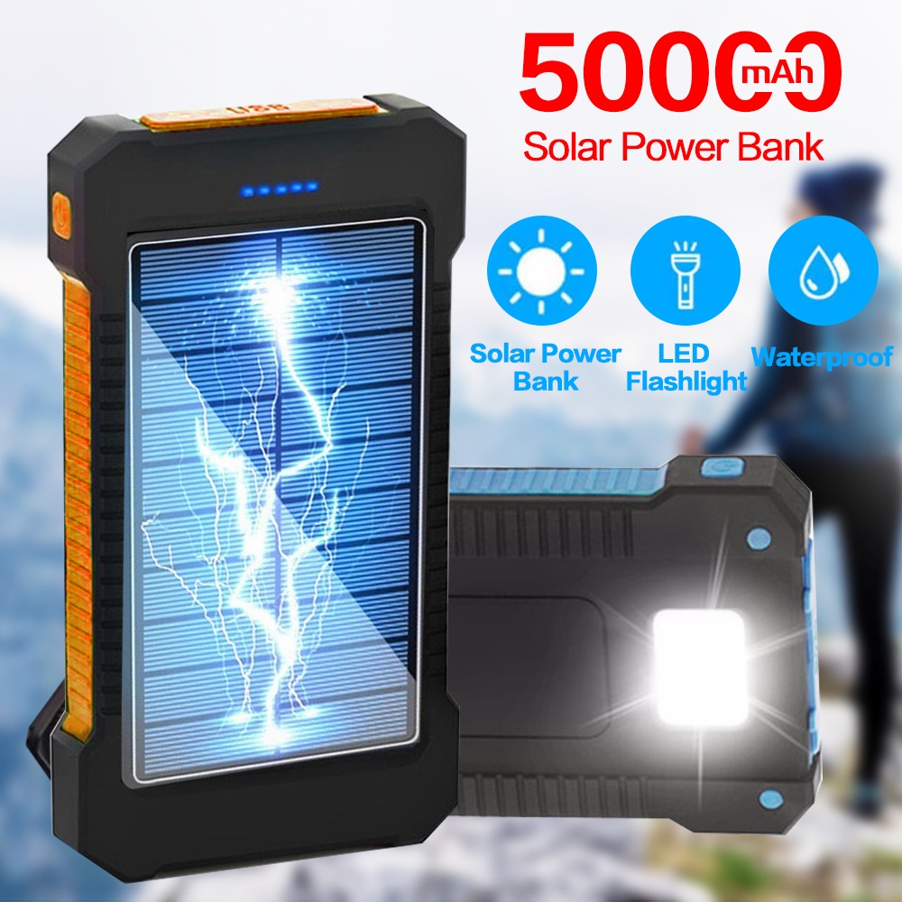 50000mAh power bank awet tahan lama Solar Power Bank Charger USB Ports Powerbank External Charger Flashlight