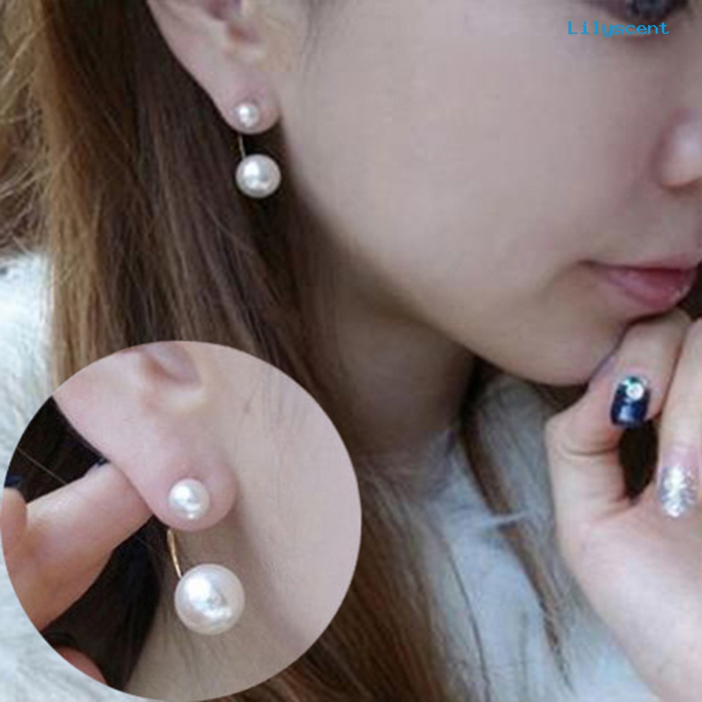 [LS] 1pasang Ear Stud Double Faux Pearl Chic Alloy Fashion Pernikahan Anting Untuk Wanita