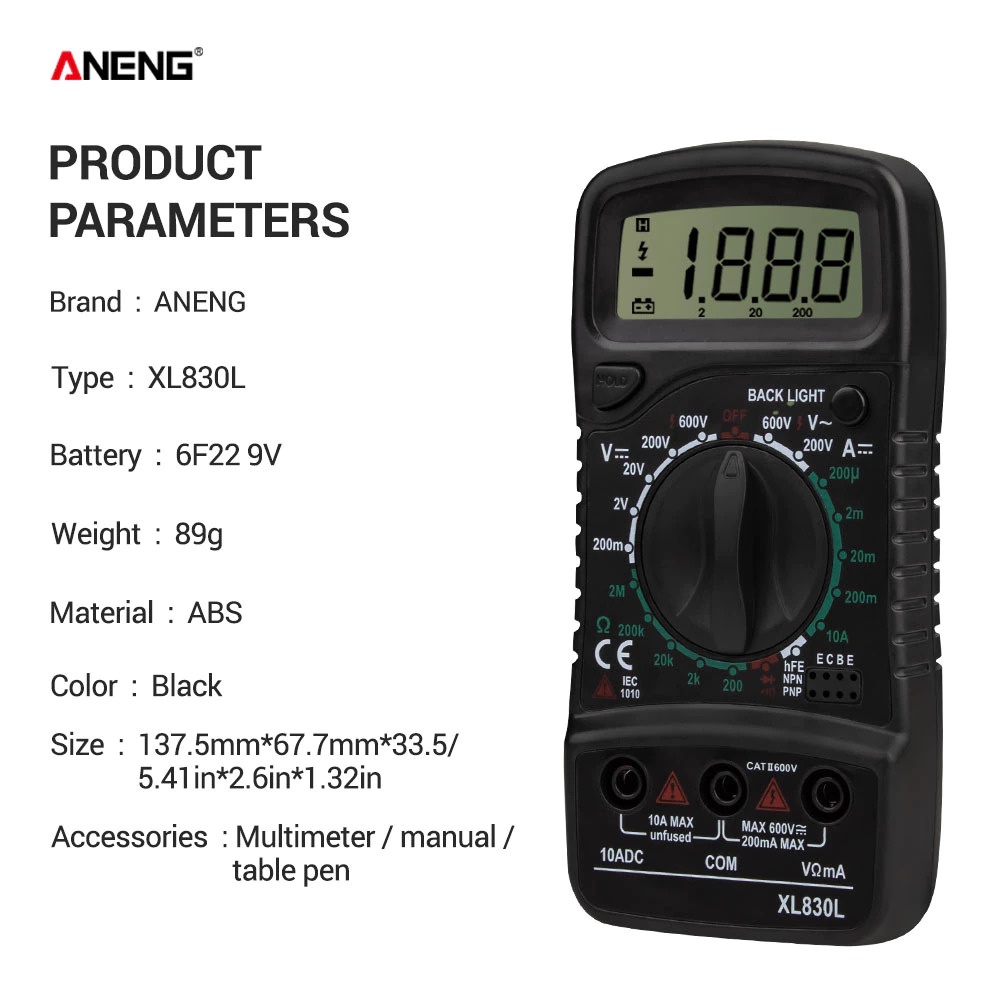 ANENG Digital Multimeter Voltage Tester - XL830L - Black