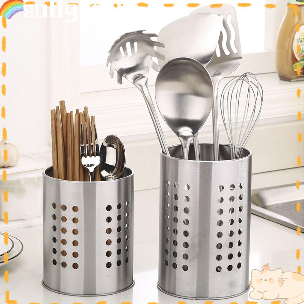 Solighter Cutlery Holder Stand Alat Penyimpanan Stainless Steel Keranjang Water-Logging Rumah