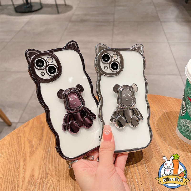 IPHONE Casing Kompatibel Untuk Iphone14 13 12 11 Pro Max Xr Xs Max Se8 7 Plus Telinga Kucing Electroplating Phone Case Lensa Metal Full Cover Bear Bracket Shockproof Soft Case Cover Pelindung