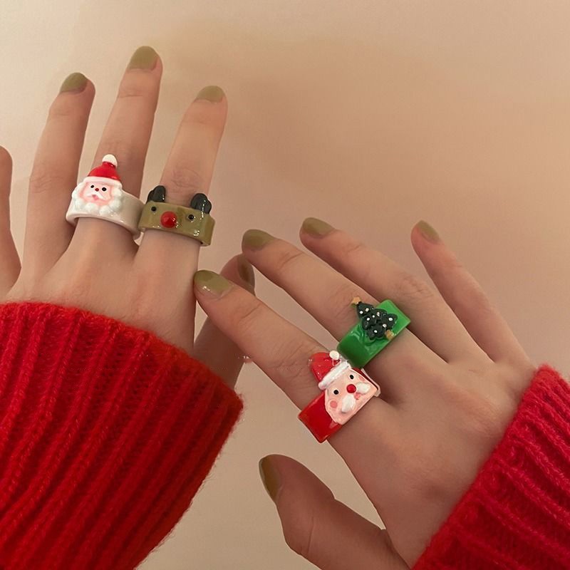 [Harga Grosir]Cincin Desain Kartun Hewan Rusa Santa Claus Pohon Natal Bahan Resin Akrilik Untuk Wanita