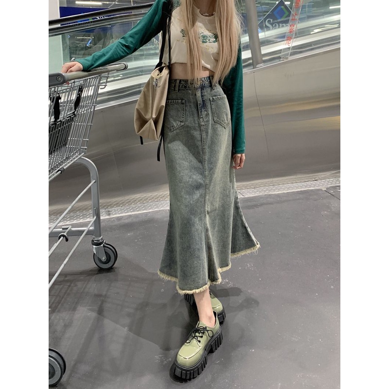 Rok denim split gaya Korea rok a-line wanita berpinggang tinggi sedang untuk menutupi rok pinggul selangkangan