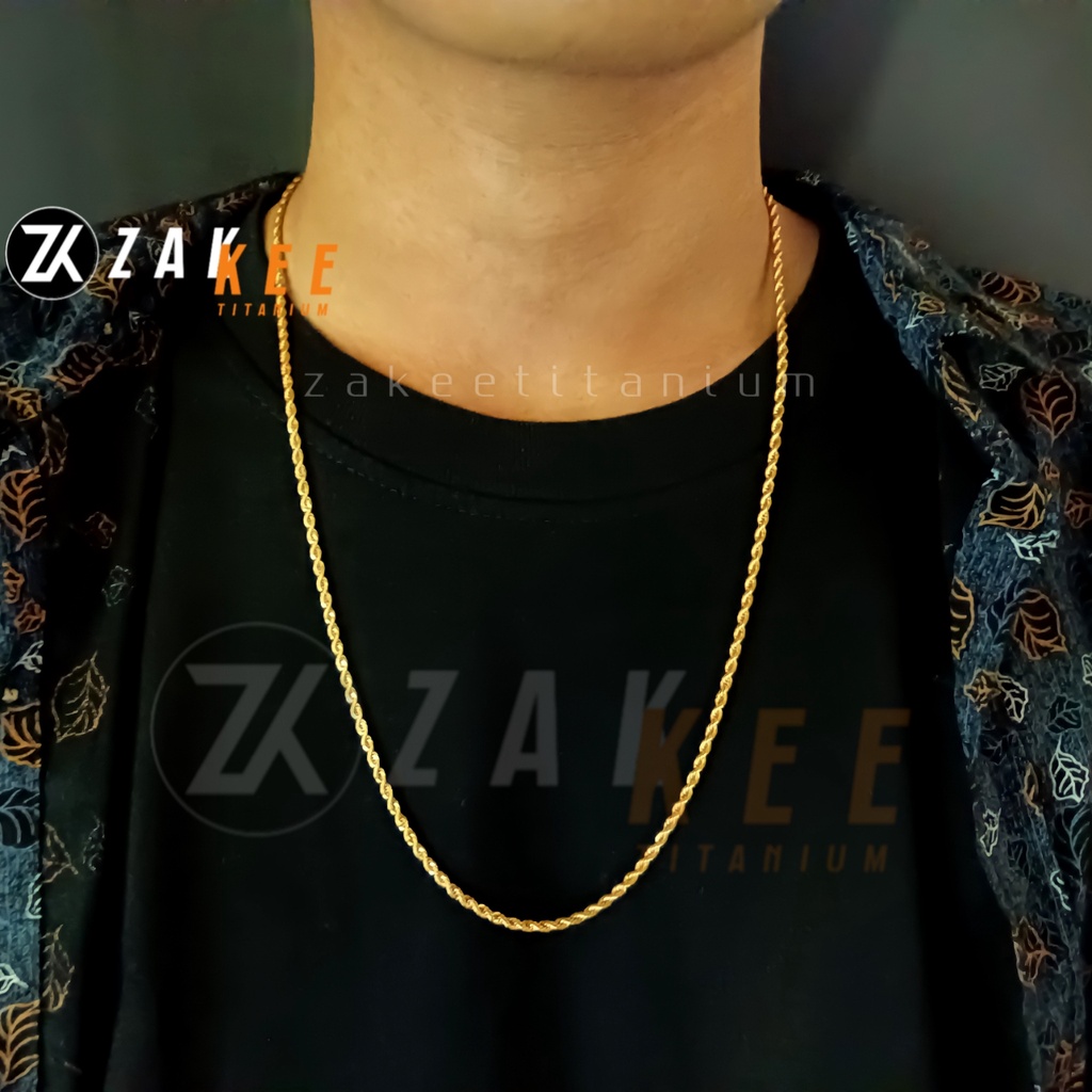 Kalung Pria Titanium Anti Karat Silver Cowok Cewek Keren Wanita Rantai Rante Tali Tambang Ulir Stainless Steel Panjang 45cm 60cm