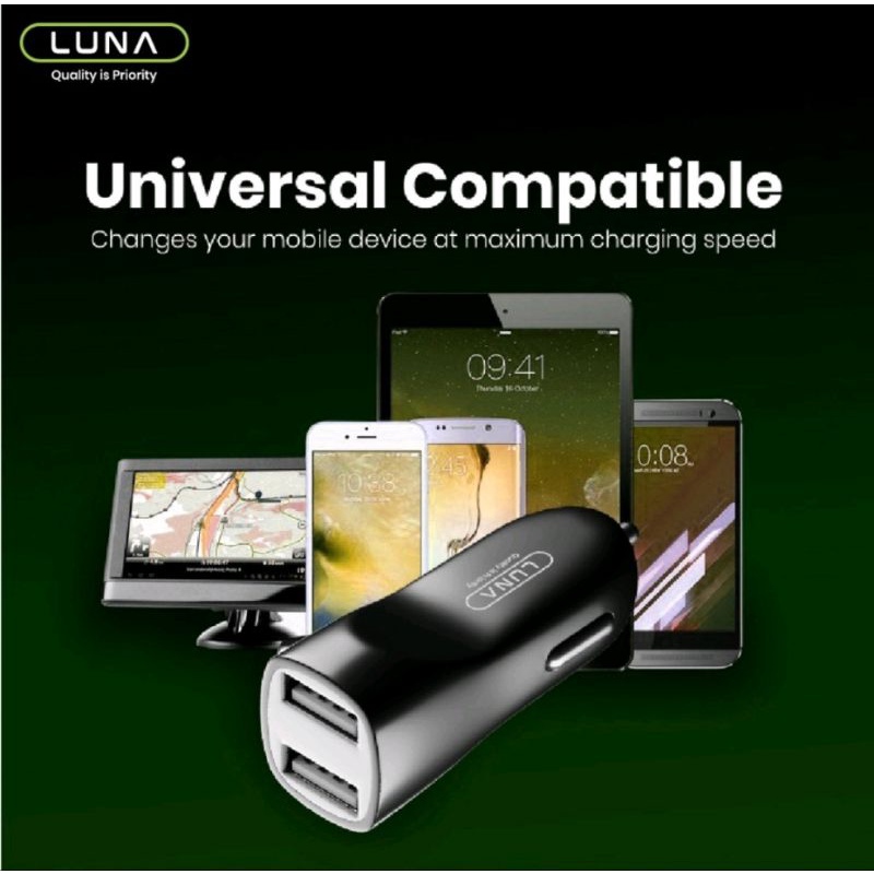 LUNA R1B4 CAR CHARGER COLOKAN MOBIL 2 PORT 2.4A USB FAST CHARGING