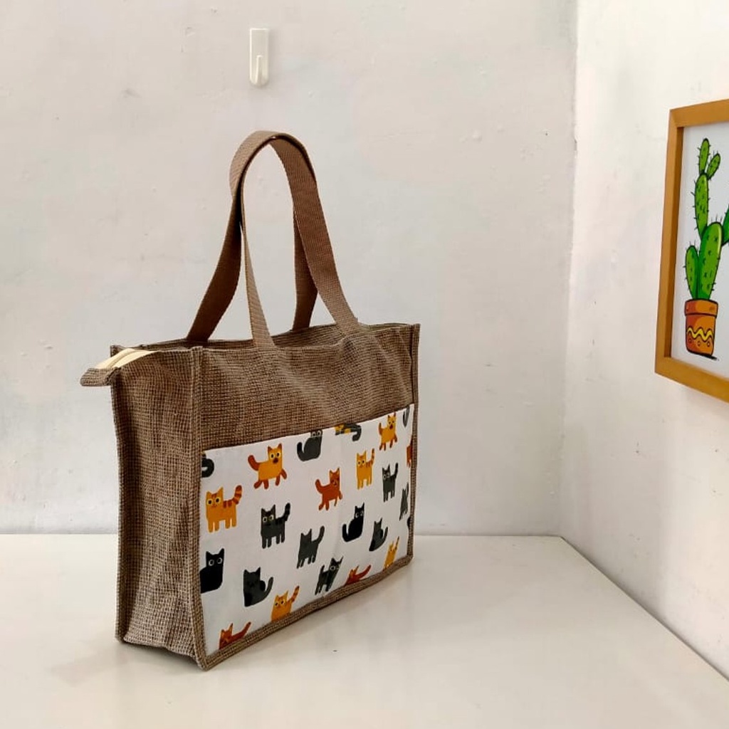 TAS KANVAS TAS GONI SINTETIS KOMBINASI KANVAS MOTIF KUCING PUTIH. RIENS COLLECTIONS