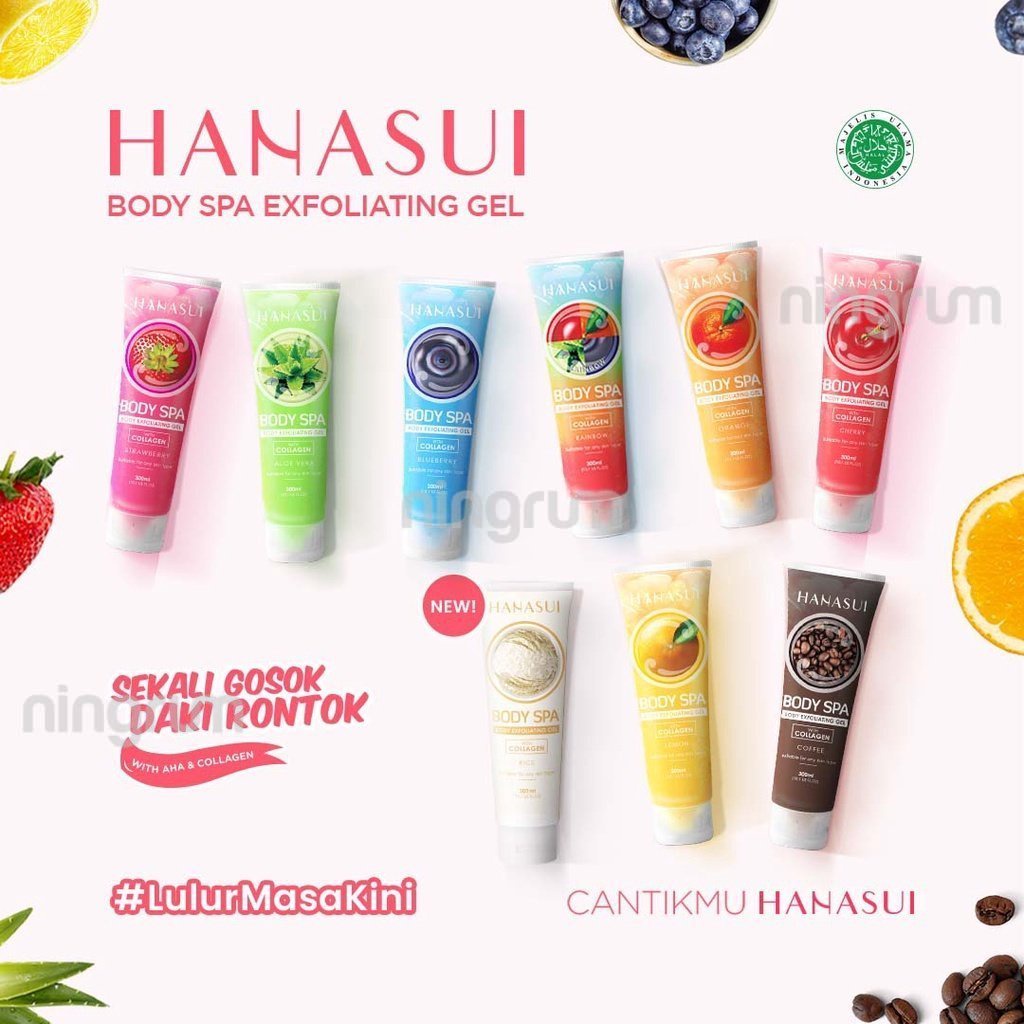 Ningrum Hanasui Body Spa Exfoliating Gel Aloe Vera | Strawberry | Cherry | Blueberry | Rainbow | Coffee With Collagen 300ml Perontok Daki dan Kulit Mati Body Care Ori - 5010