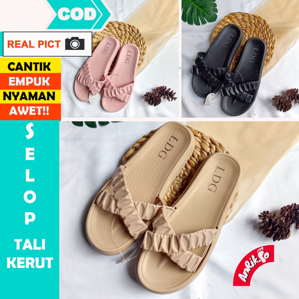 SANDAL SELOP TALI MOTIF KERUT WANITA CEWEK PEREMPUAN SLIP ON KOREA KOREAN STYLE EMPUK SANTAI RUMAH RUMAHAN ANTI SELIP SLIP AWET